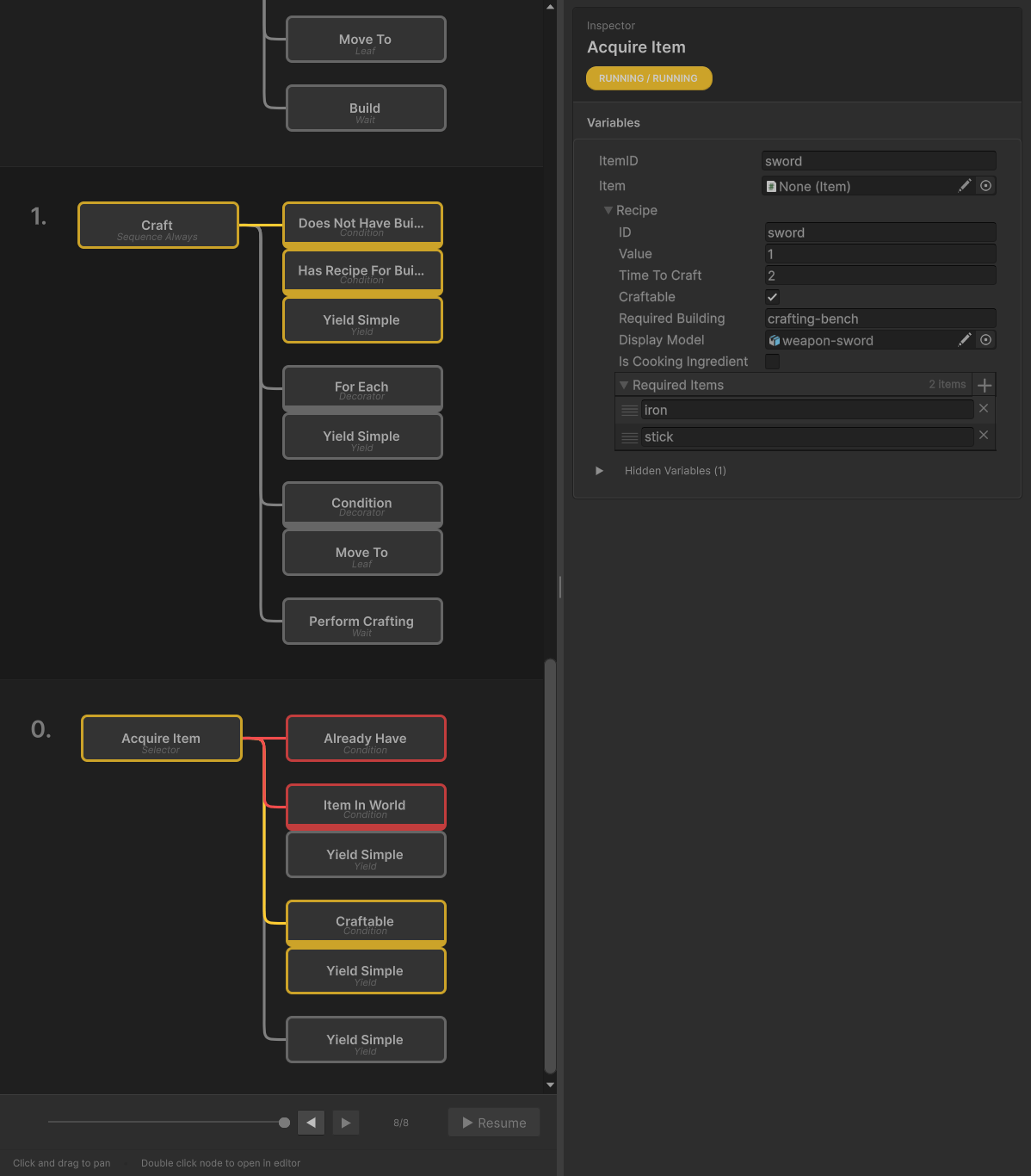 Custom Unity Inspector showing declared variables and node state